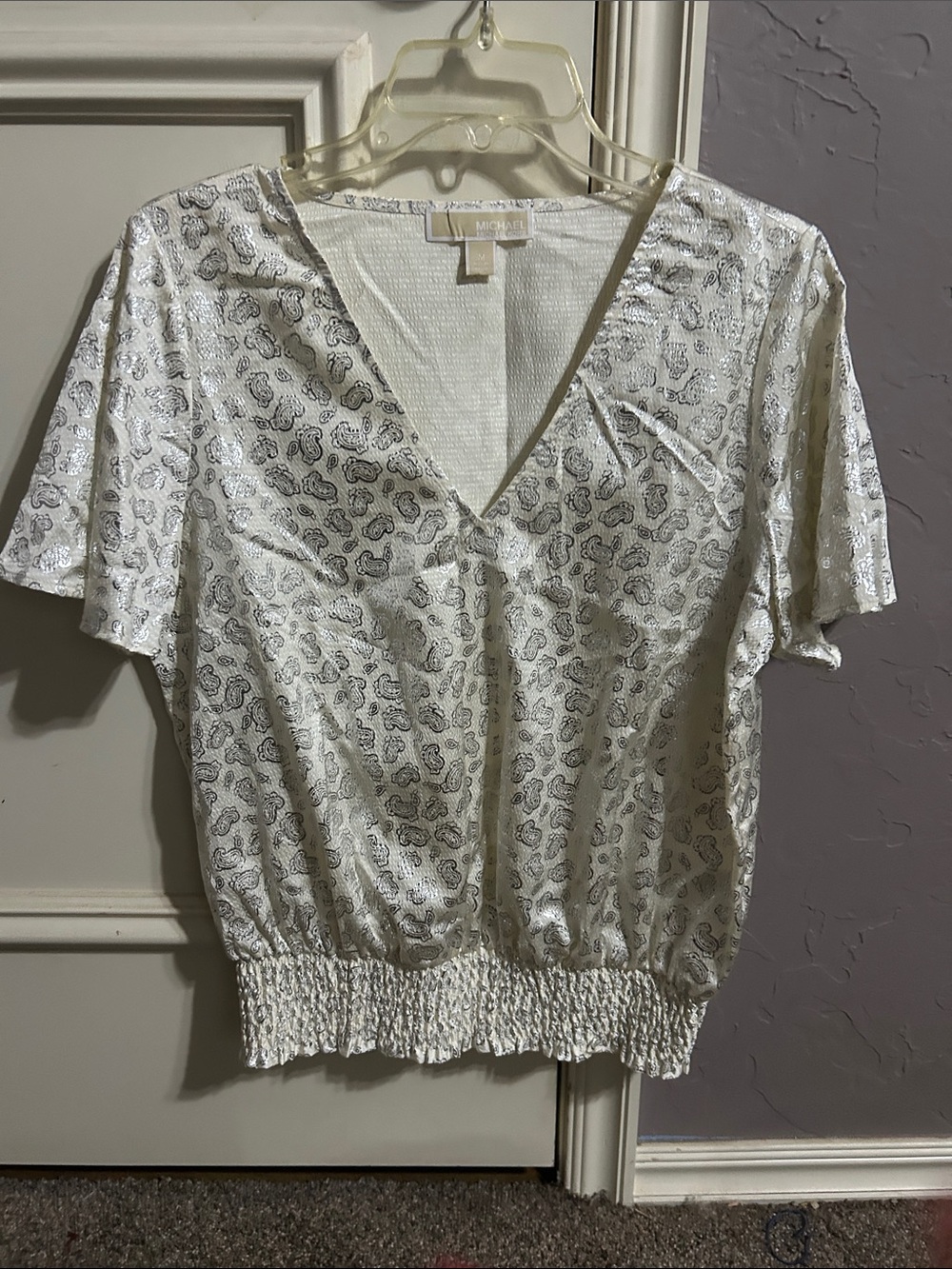 MICHAEL Michael Kors Metallic Silver Paisley Blouse Top Ivory Size Medium M